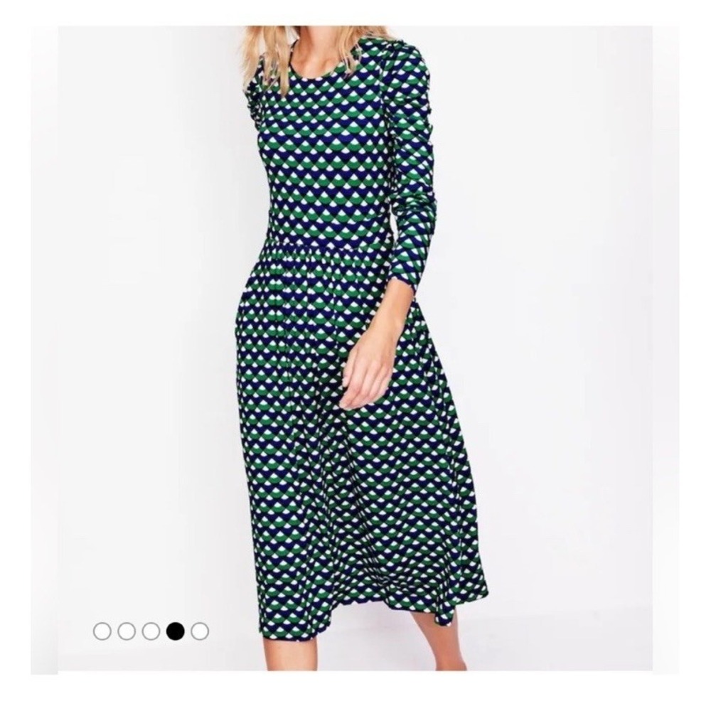 Boden Puff Sleeve Blouson Dress Size 10R Blue Green Geometric Fit Flare Casual